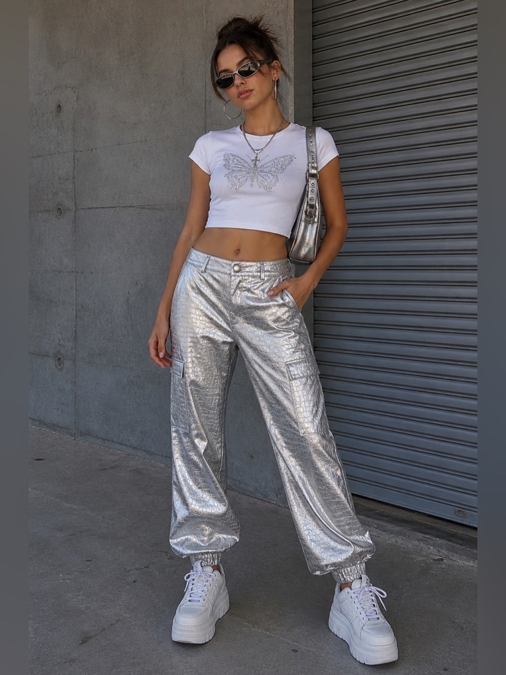 NAKED WARDROBE The Crocodile Faux Leather Joggers Metallic Silver Size Small NWT